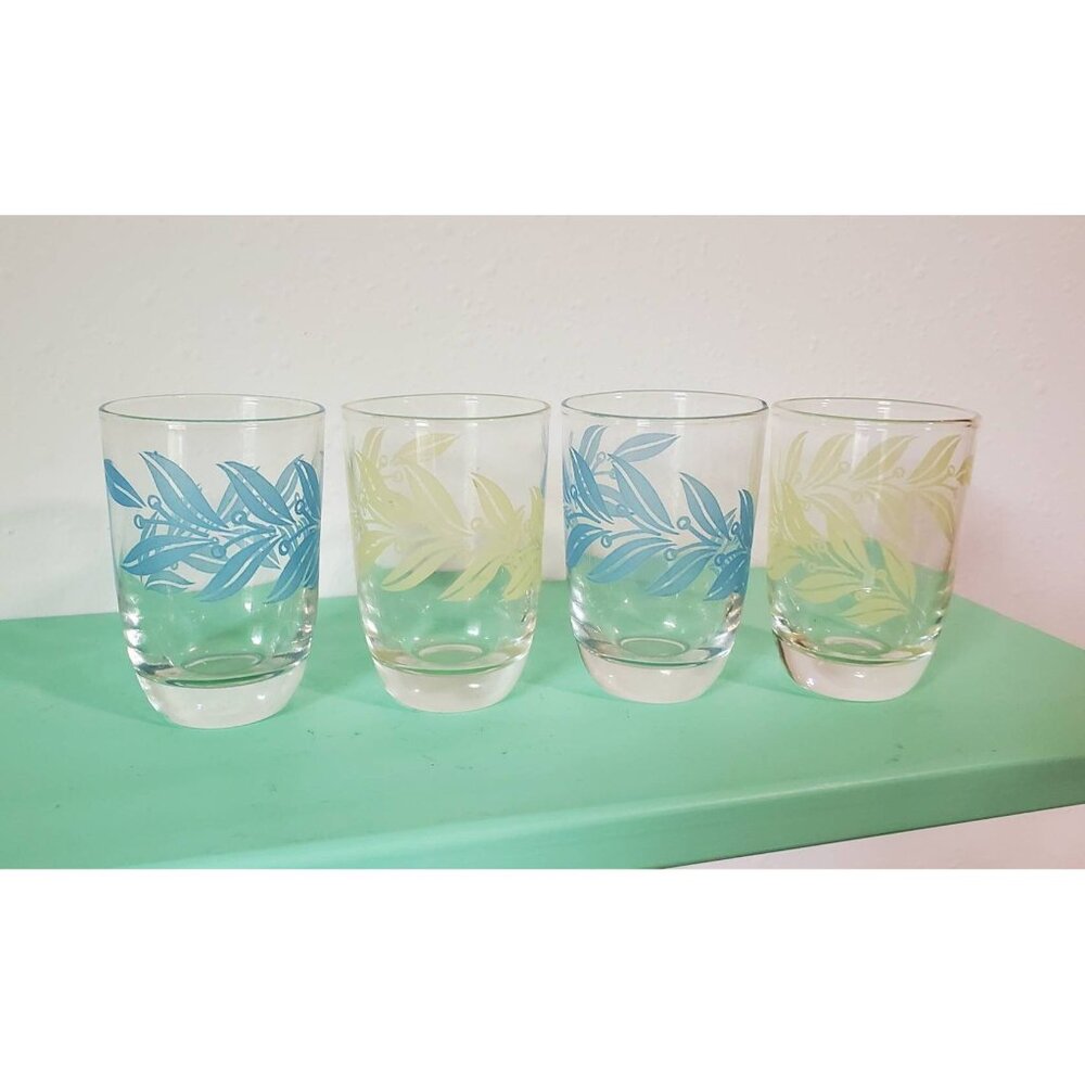 Pastel Leaves Juice Glasses, Blue and Yellow Set of 4 Juice Glasses